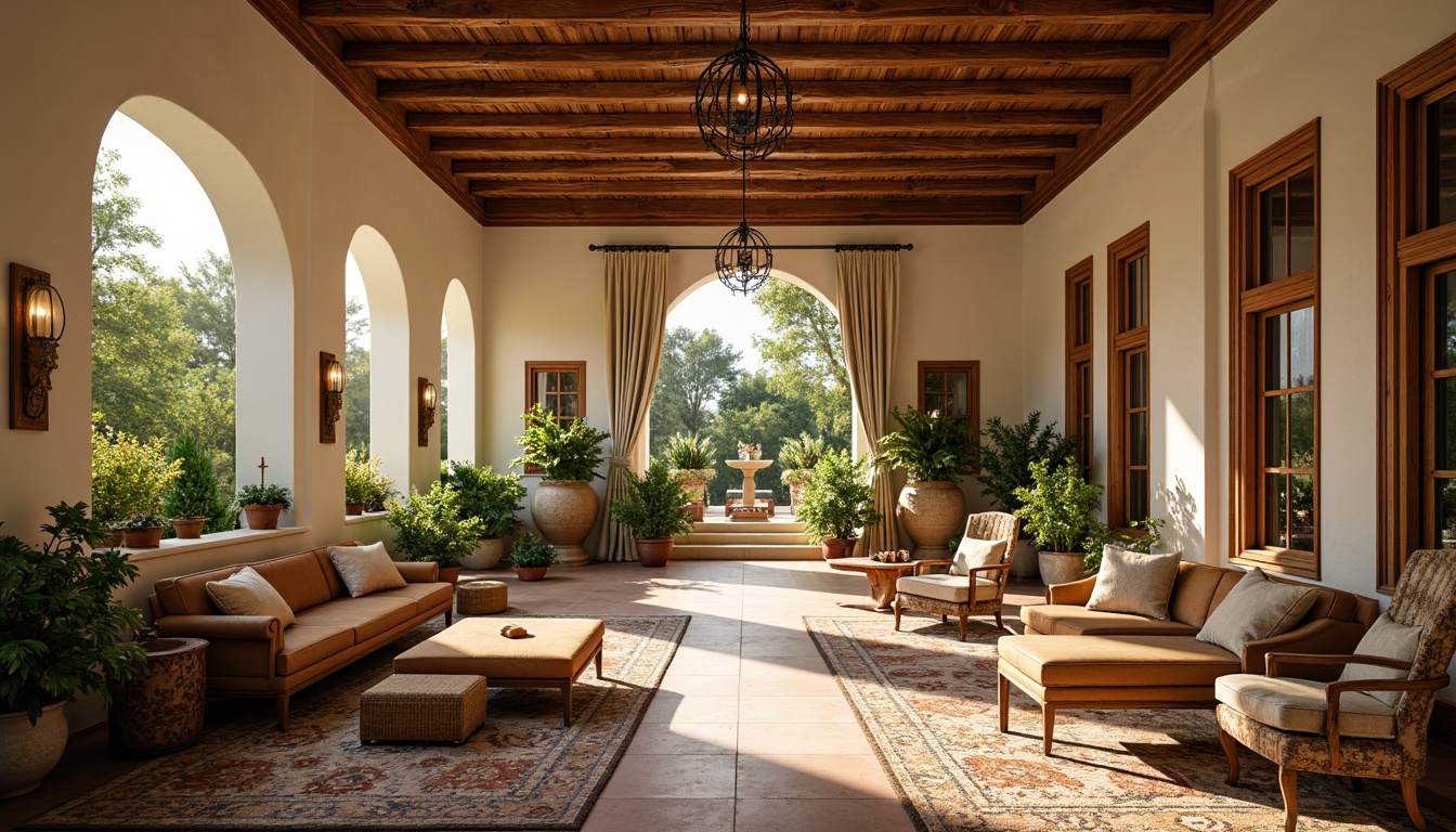 Prompt: Renaissance-style sunroom, warm golden lighting, soft cream walls, rich walnut wood accents, ornate plaster ceiling, vintage furniture, distressed leather upholstery, lush greenery, potted plants, intricately patterned rugs, subtle terracotta flooring, elegant archways, grandiose chandeliers, luxurious velvet drapes, subtle gold leafing, warm beige marble countertops, classic Italian-inspired architecture, serene natural ambiance, soft focus photography, shallow depth of field.