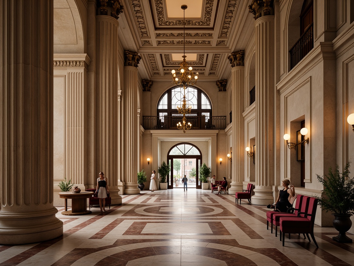 Prompt: Grand neoclassical building, imposing columns, ornate details, rich marble flooring, intricate moldings, subtle gold accents, soft warm lighting, high ceilings, dramatic archways, elegant chandeliers, lavish furnishings, velvet drapes, ornamental patterns, subtle color contrasts, 3/4 composition, shallow depth of field, natural textures, realistic reflections.