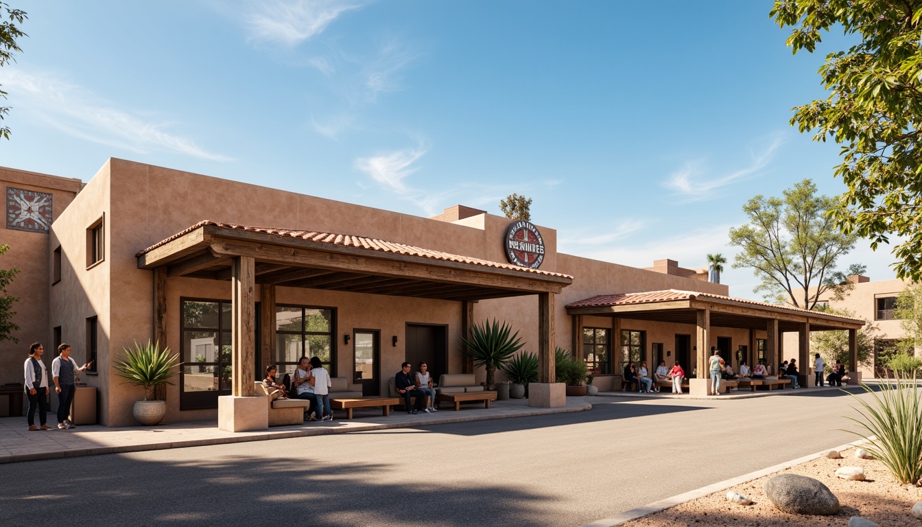 Prompt: Southwestern bus station, adobe-inspired architecture, stucco exterior walls, rustic wooden beams, terracotta roof tiles, earthy color palette, warm natural lighting, vintage metal signs, traditional Native American patterns, geometric ceramic accents, succulent plants, desert landscaping, sandy terrain, clear blue sky, vast open spaces, modern transportation hubs, sleek bus terminals, industrial steel structures, urban furniture, shaded waiting areas, ambient occlusion.