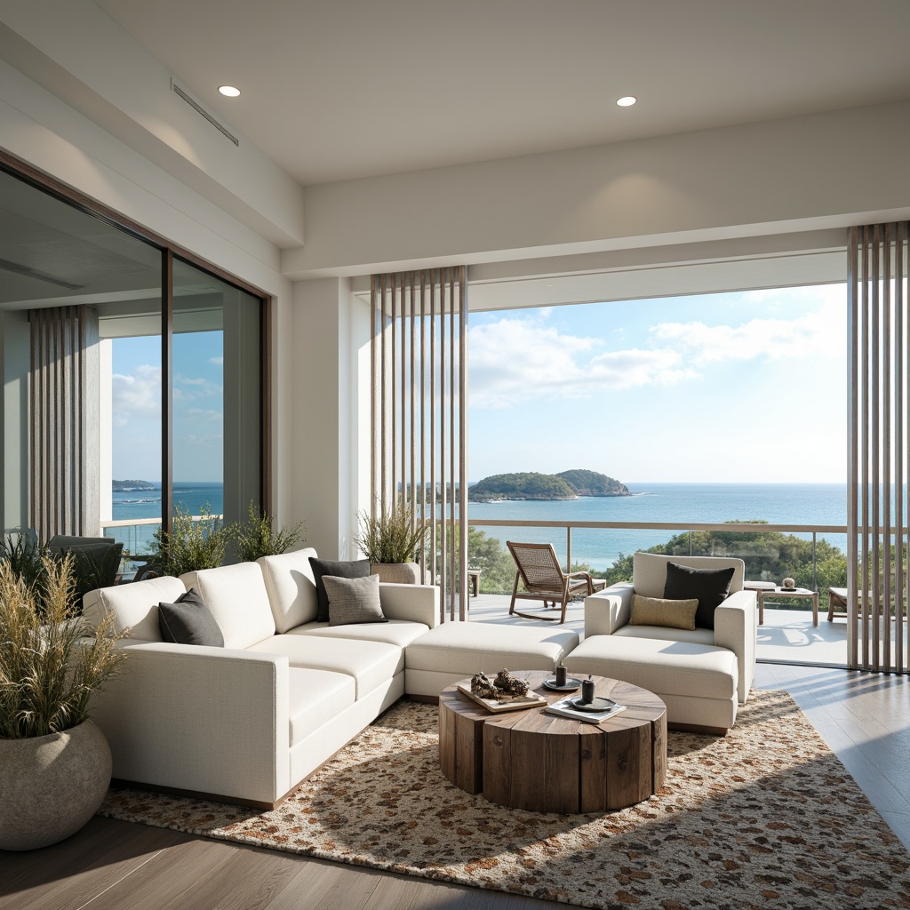 Prompt: Seaside coastal penthouses, ocean-inspired color palette, calming blues, whites, sandy neutrals, weathered wood accents, beachy textures, modern minimalist design, floor-to-ceiling windows, sliding glass doors, panoramic ocean views, natural light, airy atmosphere, driftwood furniture, coral patterned rugs, shell decorative accessories, soft warm lighting, 1/1 composition, realistic renderings, subtle ambient occlusion.