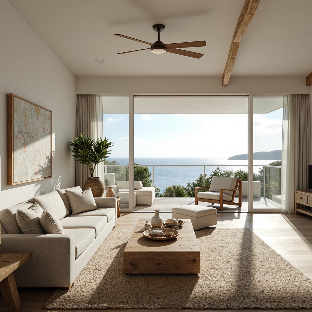 Prompt: Calming coastal interior, soft natural light, airy open spaces, minimalist decor, whitewashed walls, reclaimed wood accents, ocean-inspired color palette, woven textiles, linen upholstery, driftwood furniture, shell-adorned accessories, floor-to-ceiling windows, sliding glass doors, unobstructed sea views, warm sunny days, gentle breezes, soft shadows, shallow depth of field, 1/1 composition, realistic textures, ambient occlusion.