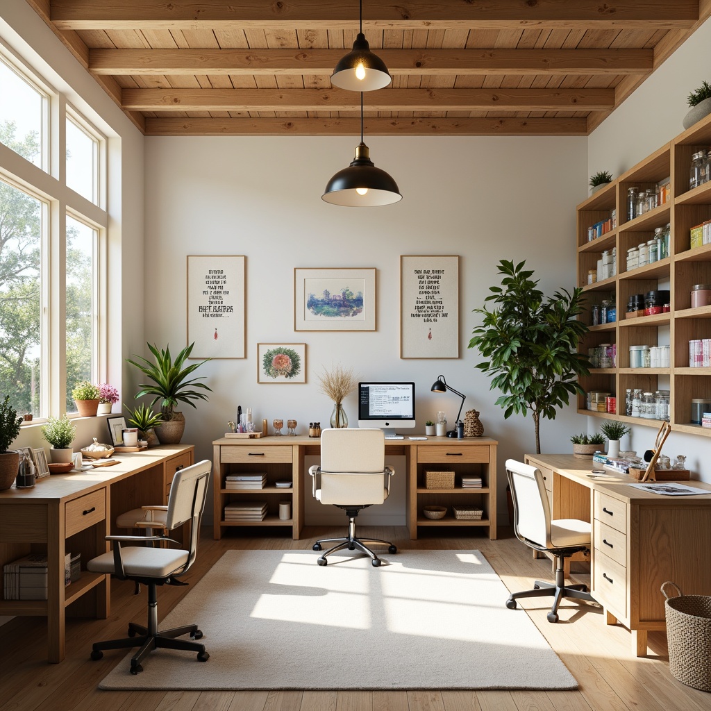 Prompt: Cozy craft room, wooden worktables, abundant natural light, organized storage shelves, decorative vintage jars, colorful fabric scraps, inspirational quote boards, ergonomic chairs, soft pastel walls, warm beige flooring, minimalistic decor, functional task lighting, 3/4 composition, shallow depth of field, realistic textures.