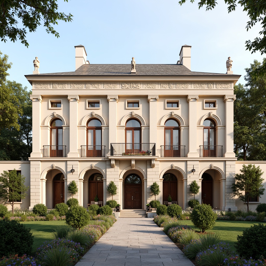 Prompt: Elegant academic building facade, neoclassical architectural style, grand entrance archways, ornate stone columns, symmetrical composition, subtle color palette, cream-colored limestone walls, slate roof tiles, large windows with wooden shutters, intricate metal railings, ornamental roof finials, classical pediments, stately clock towers, serene courtyard gardens, lush greenery, vibrant flowers, natural stone walkways, soft warm lighting, shallow depth of field, 3/4 composition, panoramic view, realistic textures, ambient occlusion.