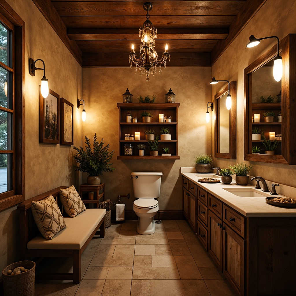 Prompt: Rustic powder room, warm earthy tones, distressed wooden cabinets, antique metal fixtures, soft warm lighting, candles, pendant lamps, wrought iron chandeliers, dimmable LED lights, natural stone countertops, rough-hewn wooden beams, cozy seating areas, plush textiles, vintage apothecary jars, decorative mirrors, rustic wood flooring, earthy color palette, warm ambient glow, softbox lighting, 1/1 composition, realistic textures, subtle depth of field.