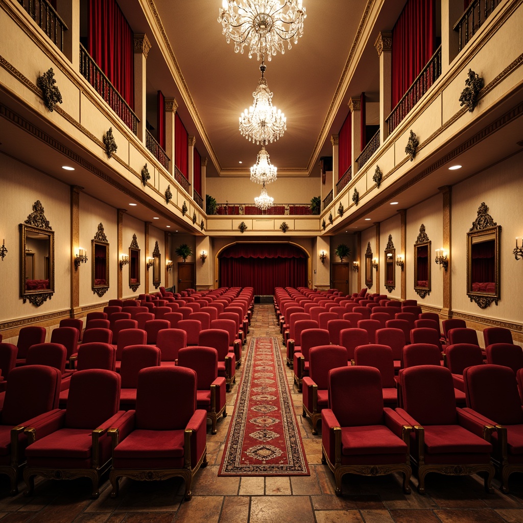 Prompt: Elegant theater interior, French country style, ornate golden frames, red velvet curtains, crystal chandeliers, luxurious seating arrangement, plush crimson chairs, intricately carved wooden armrests, soft cream-colored walls, decorative molding, rustic stone floors, warm cozy ambiance, intimate setting, dramatic spotlights, richly patterned rugs, lavish drapery, ornamental mirrors, gilded accents, refined French-inspired details, subtle lighting effects, shallow depth of field, 1/1 composition, cinematic atmosphere.