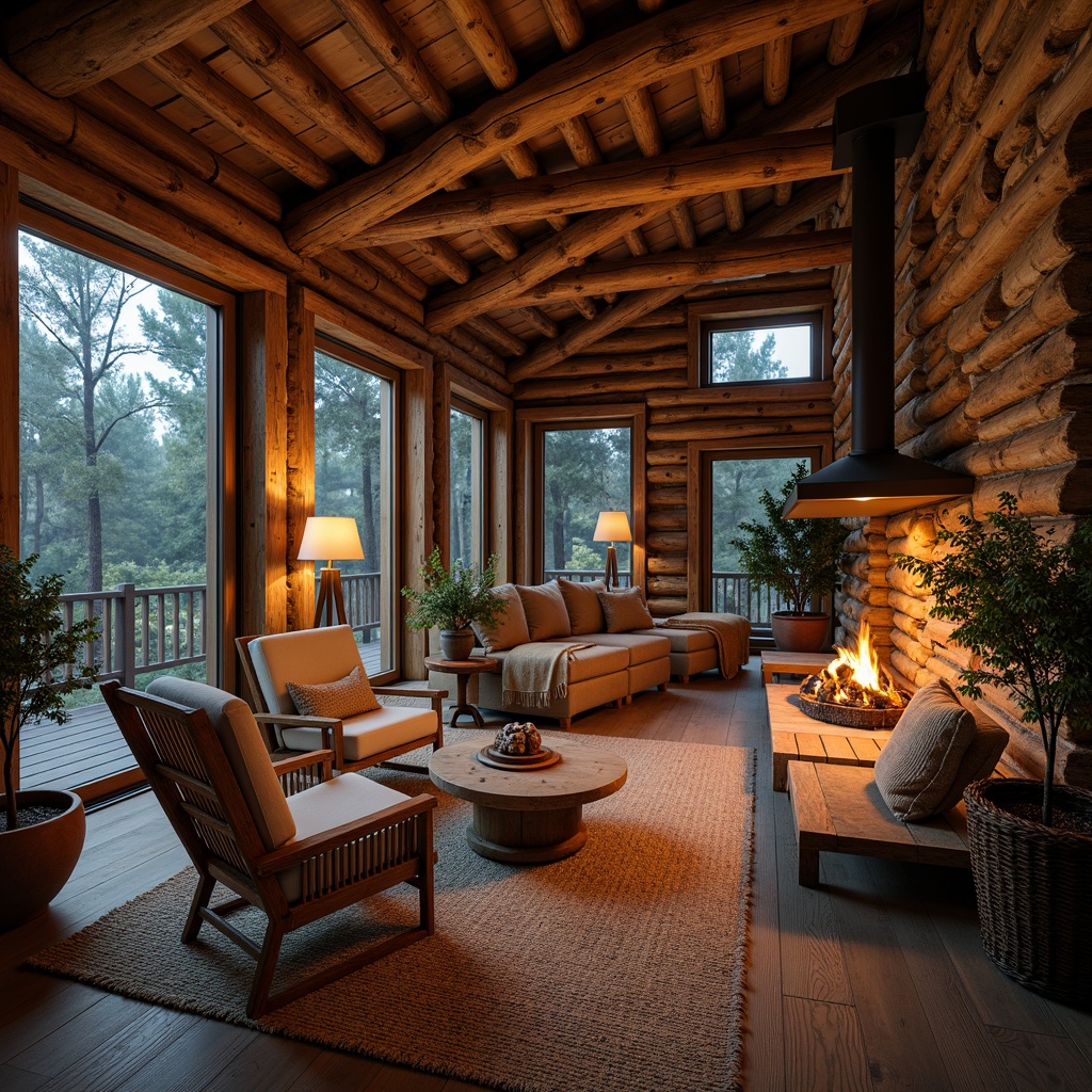 Prompt: Rustic cabin, wooden logs, stone fireplace, earthy tones, natural textures, reclaimed wood furniture, woven wicker chairs, jute rugs, potted plants, wooden shutters, lantern-style lighting, warm cozy ambiance, autumnal colors, forest surroundings, misty morning, soft warm lighting, shallow depth of field, 1/1 composition, realistic wood grain, ambient occlusion.