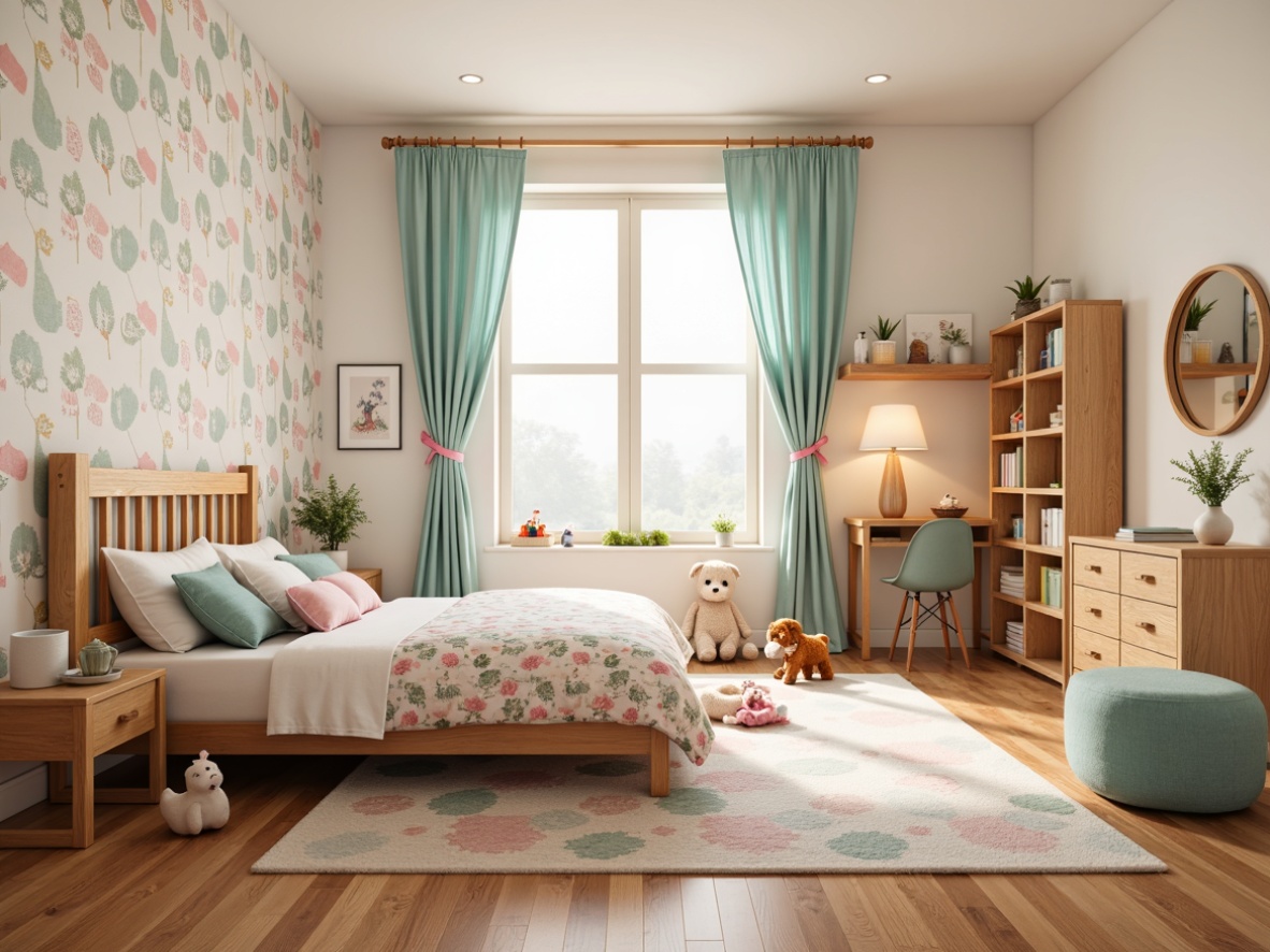 Prompt: Cozy kid's bedroom, plush toys, soft pastel colors, gentle natural light, warm wooden furniture, comfortable bedding, whimsical wallpaper, colorful rugs, playful patterns, sweet decorative accents, stuffed animals, bookshelves, modern minimalist design, calming atmosphere, warm beige tones, creamy white walls, rustic wood floors, delicate floral motifs, subtle texture variations, shallow depth of field, 1/1 composition, realistic rendering, ambient occlusion.