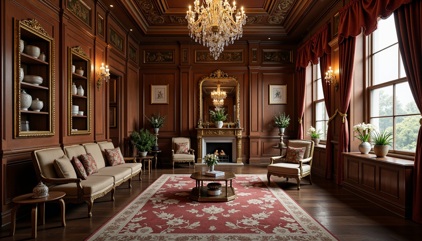 Prompt: Ornate storage room, lavish furnishings, intricately carved wooden cabinets, gilded bronze hardware, velvet drapes, crystal chandeliers, ornamental mirrors, delicate porcelain vases, luxurious silk fabrics, antique furniture pieces, curved legs, cabriole legs, scallop shells, acanthus leaves, rocaille motifs, soft warm lighting, shallow depth of field, 1/1 composition, realistic textures, ambient occlusion.