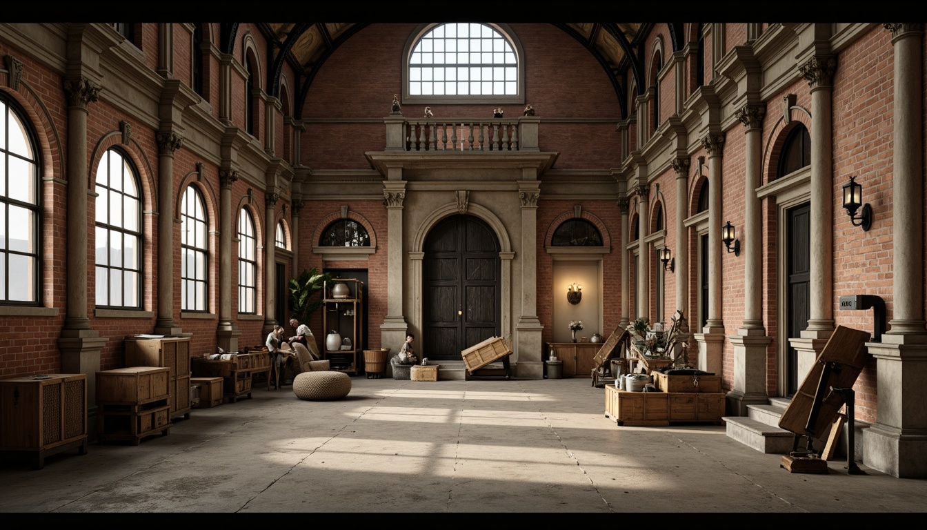 Prompt: Majestic warehouse interior, imposing columns, neoclassical arches, ornate moldings, distressed brick walls, polished concrete floors, industrial metal beams, vintage machinery, rustic wooden crates, ambient warm lighting, soft shadows, 1/1 composition, realistic textures, atmospheric rendering, subtle color palette, earthy tones, aged materials, nostalgic atmosphere.