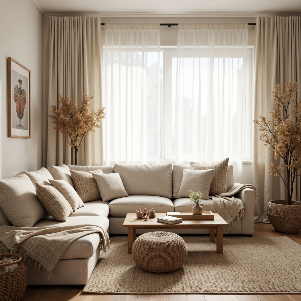 Prompt: Cozy living room, natural textiles, woven wool blankets, soft cotton upholstery, linen drapes, minimalist decor, light wood accents, Nordic-inspired patterns, earthy color palette, warm beige tones, creamy whites, rustic wooden furniture, woven baskets, organic shapes, geometric motifs, subtle lighting, ambient glow, shallow depth of field, 3/4 composition, realistic textures.