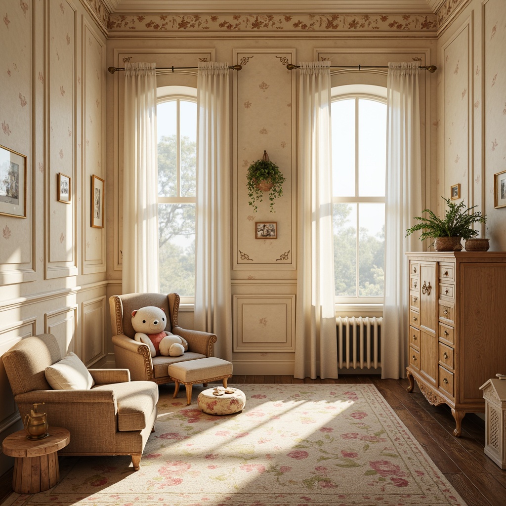 Prompt: Whimsical kid's room, vintage Victorian style, distressed wooden panels, soft pastel colors, ornate moldings, decorative wallpaper borders, playful polka dots, gentle floral patterns, warm beige tones, creamy whites, rich wood accents, antique furniture pieces, plush toys, cozy reading nooks, natural light pouring in, sheer curtains, 1/2 composition, warm golden lighting, realistic textures, subtle ambient occlusion.