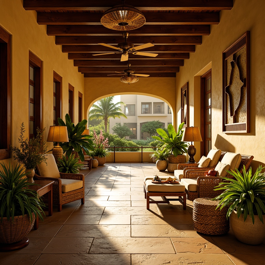 Prompt: Vibrant tropical hallway, warm golden lighting, rustic wooden accents, woven rattan furniture, lush greenery, exotic flower arrangements, natural stone flooring, earthy tone walls, woven bamboo ceiling fans, soft warm glow, ambient light sources, table lamps with wicker shades, floor lamps with natural linen shades, pendant lights with shell details, sunny day ambiance, shallow depth of field, 1/2 composition, realistic textures, subtle shadows.