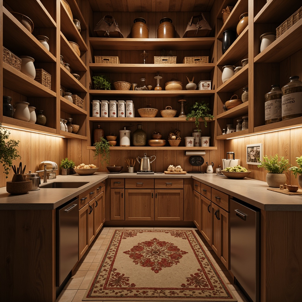 Prompt: Cozy pantry, warm wooden shelves, rustic cabinetry, earthy tone countertops, vintage metal hardware, wicker storage baskets, ceramic jar containers, soft warm lighting, shallow depth of field, 1/1 composition, realistic textures, ambient occlusion.