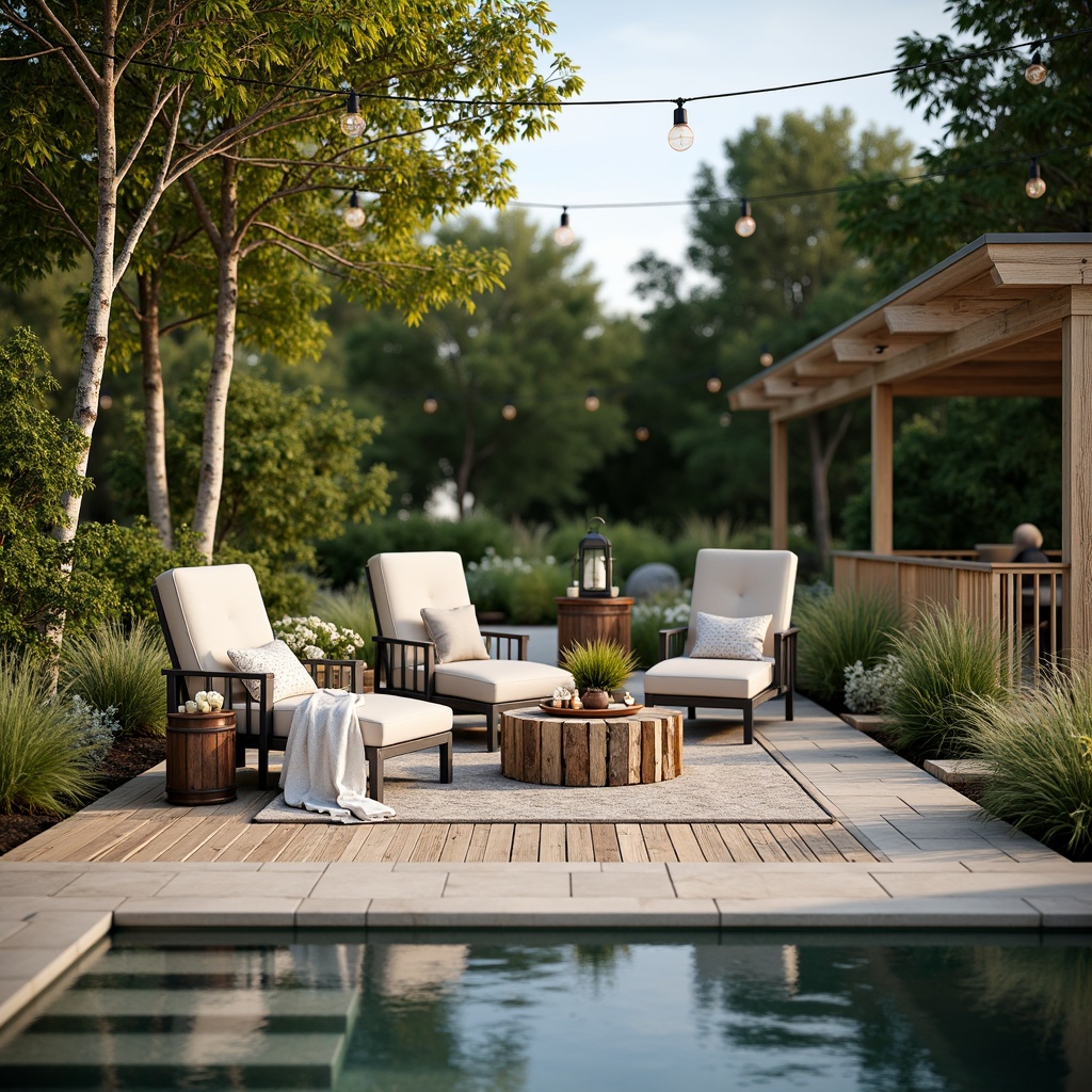 Prompt: Rustic farmhouse pool deck, weathered wood planks, natural stone coping, saltwater pool, gentle water features, lush greenery surroundings, vintage metal outdoor furniture, soft cushions, plush throw pillows, warm string lighting, lantern-style pendant lights, country-inspired landscaping, blooming wildflowers, sunny afternoon, shallow depth of field, 1/2 composition, warm color palette, realistic textures.