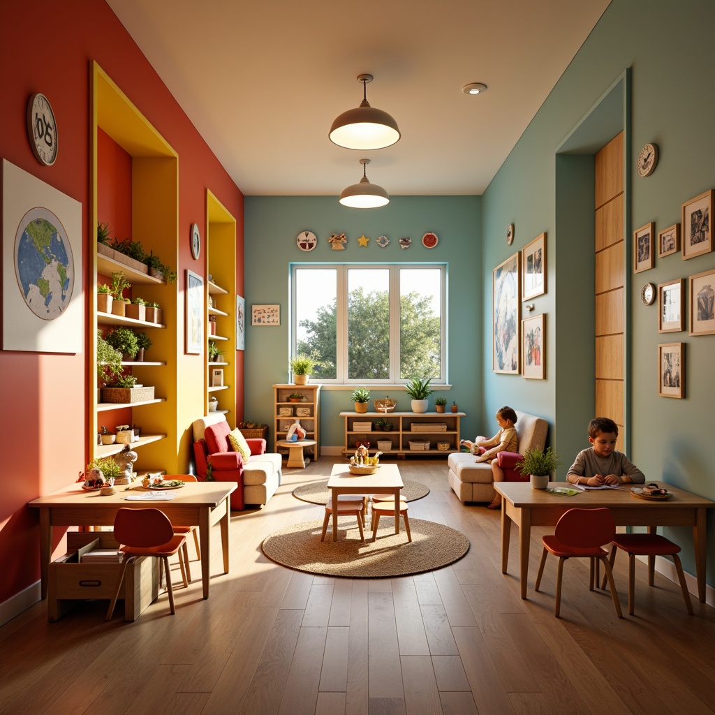 Prompt: Vibrant kindergarten interior, soft warm lighting, colorful walls, educational decorations, interactive play areas, wooden tables, tiny chairs, cozy reading nooks, natural fiber rugs, circular lamps, gentle glow, indirect illumination, whimsical pendant lights, creative art displays, lively corridor spaces, joyful ambient atmosphere, 1/1 composition, shallow depth of field, realistic textures.