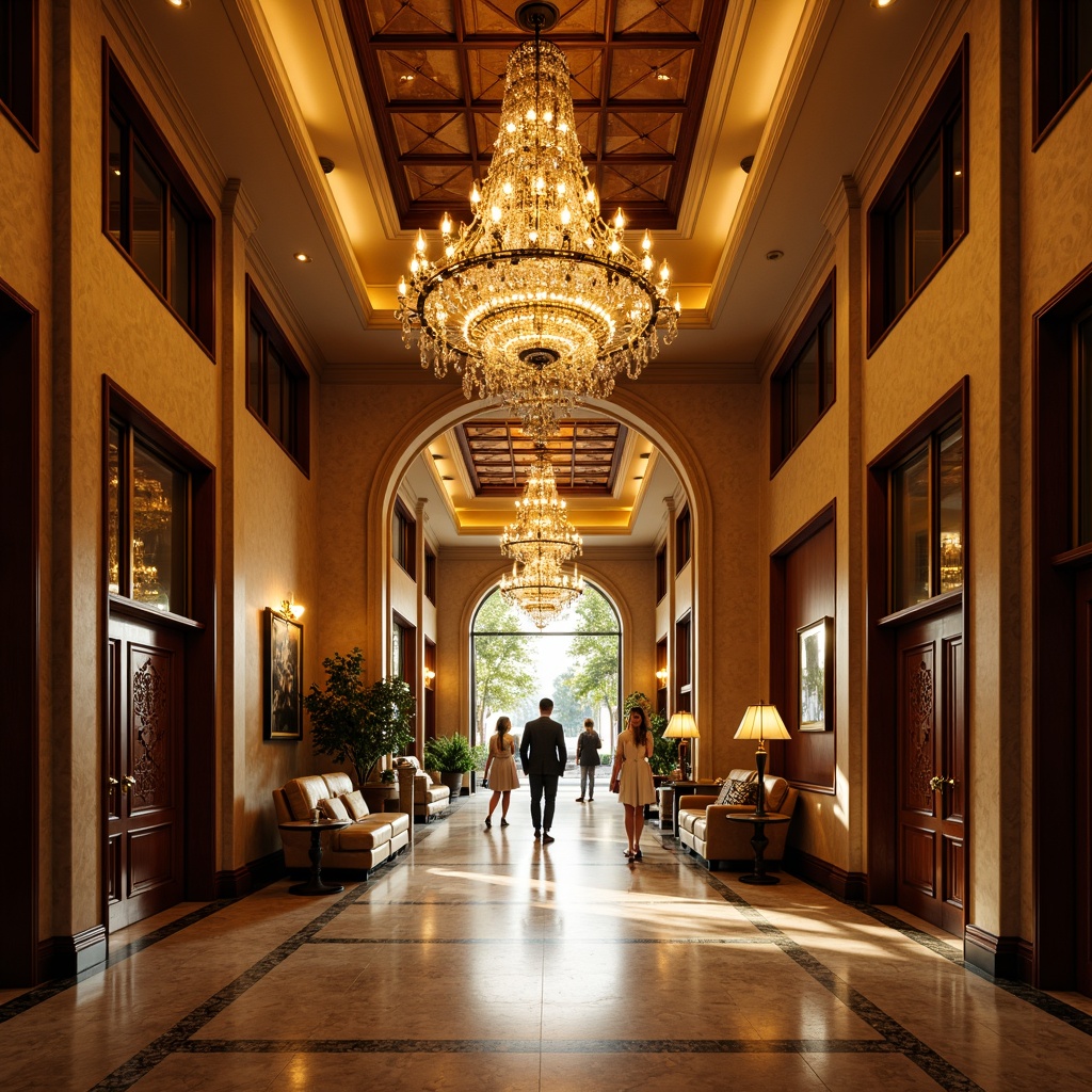 Prompt: Grand entrance, crystal chandelier, warm golden lighting, soft glow, ambient shadows, polished marble floors, elegant wooden doors, ornate metal hardware, luxurious textiles, vibrant colors, dramatic ceiling heights, symmetrical composition, 1/2 camera angle, shallow depth of field, realistic reflections, detailed normal maps.