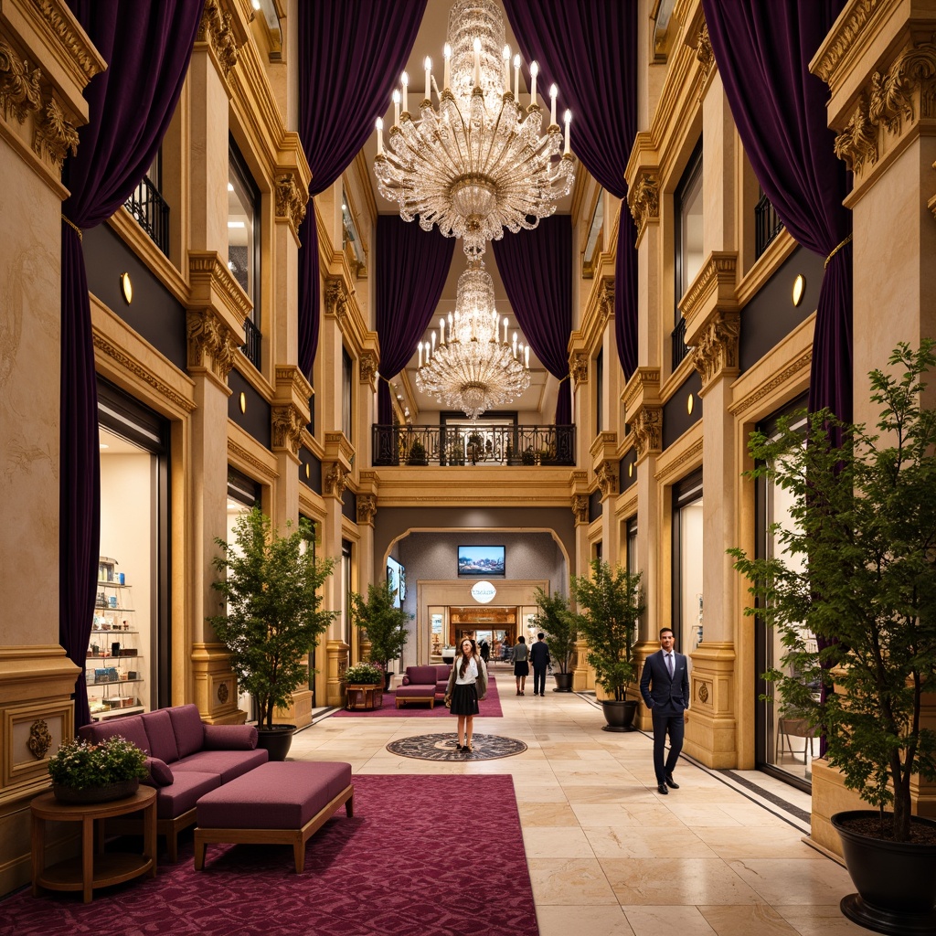 Prompt: Opulent Baroque shopping center, ornate gold accents, rich velvet drapes, lavish crystal chandeliers, intricate marble floors, warm beige stone walls, grandiose high ceilings, luxurious red carpeting, ornamental metalwork, regal purple upholstery, soft golden lighting, shallow depth of field, 1/1 composition, realistic textures, ambient occlusion.