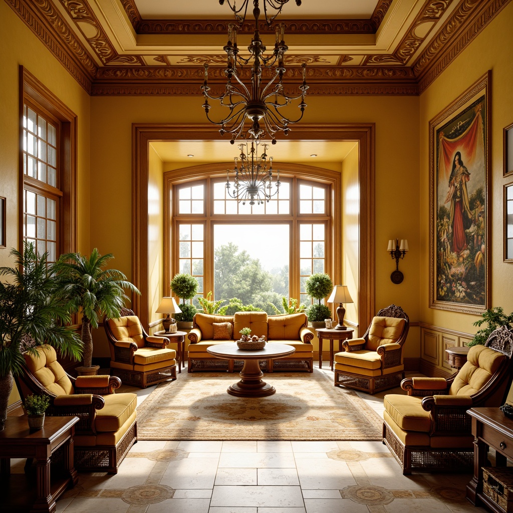 Prompt: Warm sunroom, rich wood accents, ornate carvings, golden yellow walls, soft cream ceilings, luxurious velvet fabrics, intricate patterns, ornamental tapestries, elegant furnishings, carved wooden chairs, marble floors, grand chandeliers, Renaissance-style architectural details, warm natural light, gentle shadows, 1/1 composition, realistic textures, ambient occlusion.