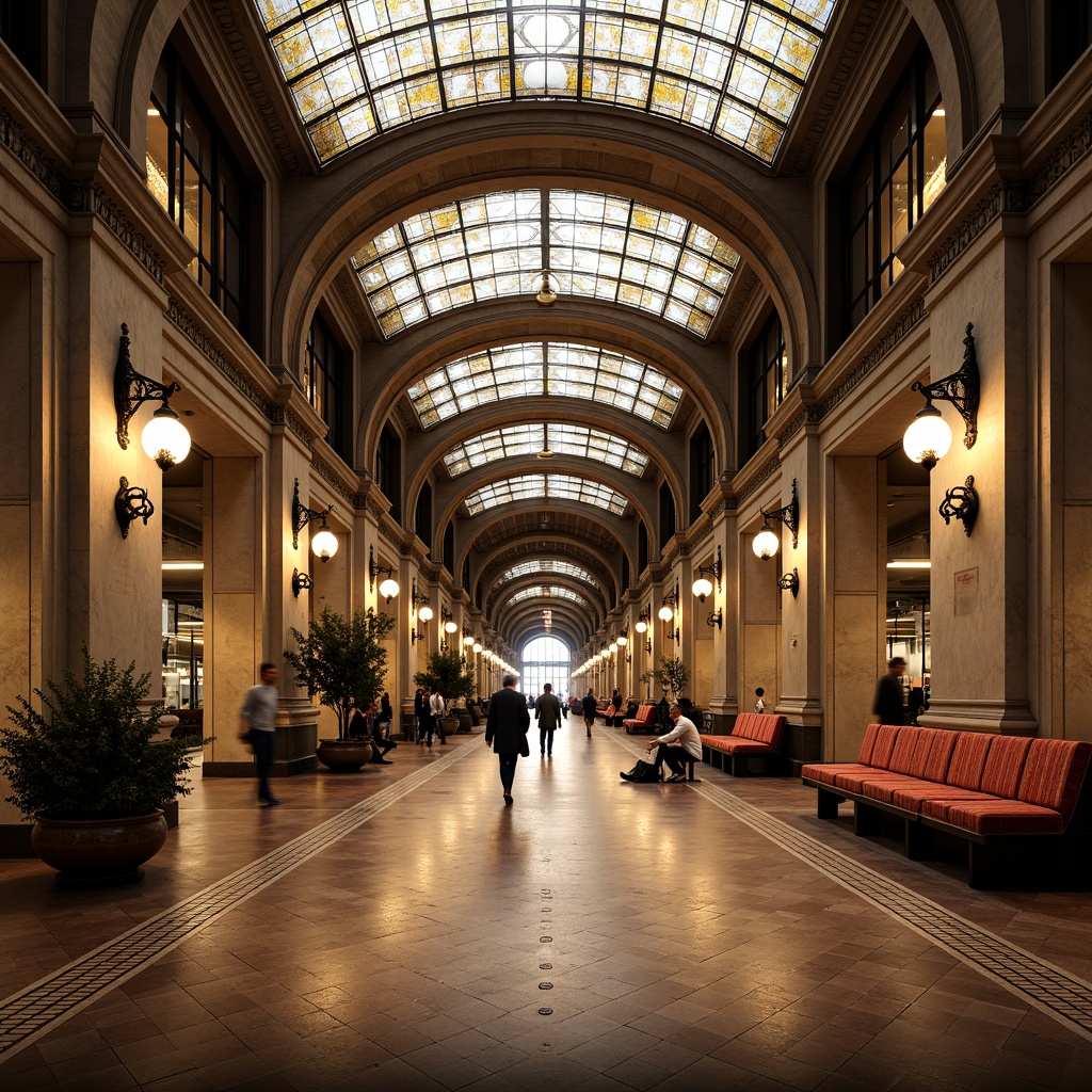 Prompt: Grand traditional metro station, ornate ironwork, vintage lamp posts, polished marble floors, warm wooden benches, comfortable cushioned seating, intricate tile patterns, elegant archways, beautiful stained glass ceilings, soft warm lighting, shallow depth of field, 3/4 composition, panoramic view, realistic textures, ambient occlusion.