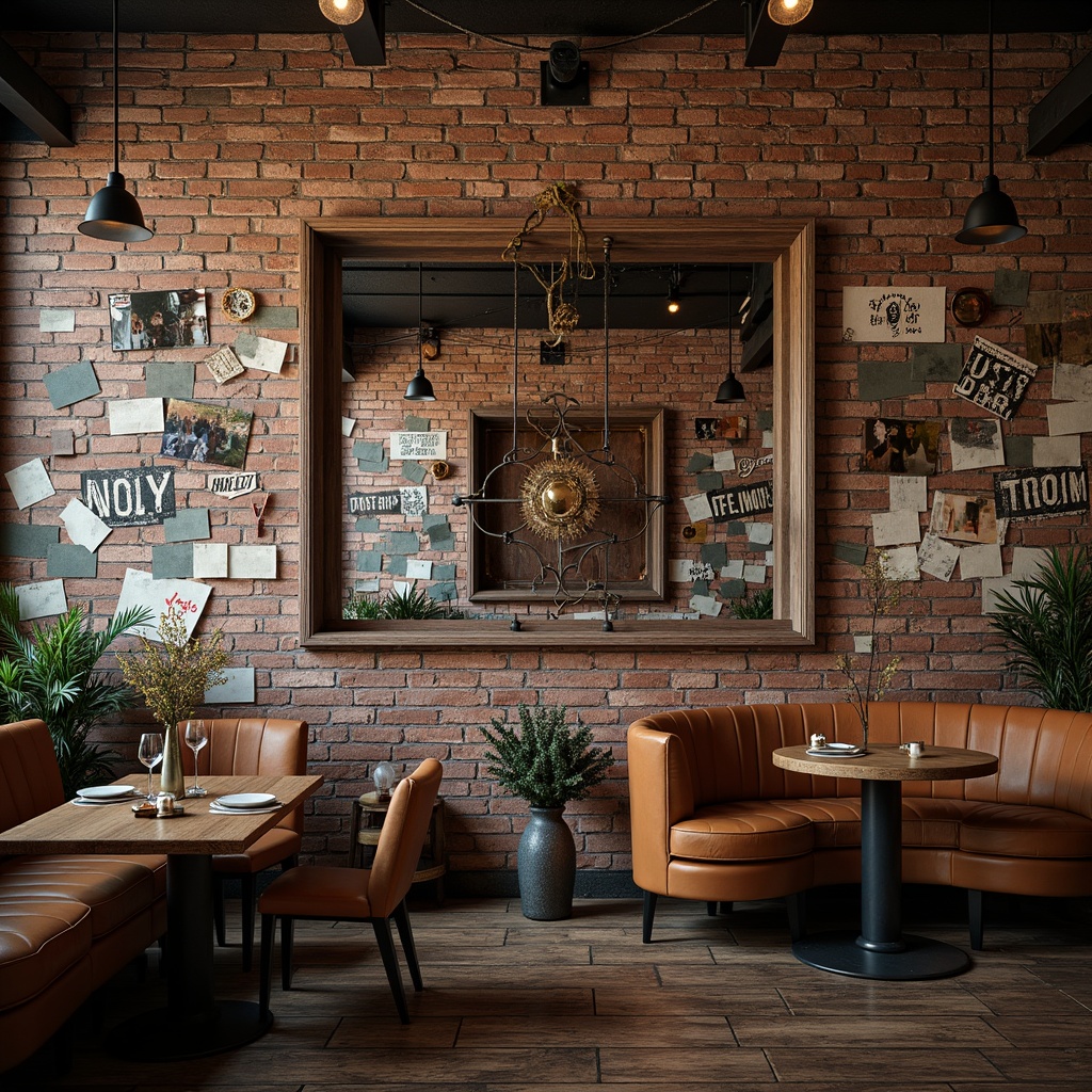 Prompt: Deconstructed brick walls, distressed textures, fragmented mirrors, abstract graffiti, eclectic color palette, bold typography, irregular shapes, overlapping panels, industrial metal accents, reclaimed wood elements, ornate decorative fixtures, warm atmospheric lighting, shallow depth of field, 1/1 composition, moody contrast, realistic materials, subtle ambient occlusion.