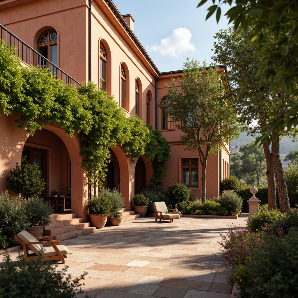 Prompt: Warm Mediterranean villa, rustic textured walls, earthy terracotta tones, lush green vines, ornate ironwork, curved archways, wooden shutters, vibrant turquoise accents, soft golden lighting, shallow depth of field, 1/1 composition, realistic stonework textures, ambient occlusion, serene courtyard, olive trees, blooming flowers, warm sunny day.