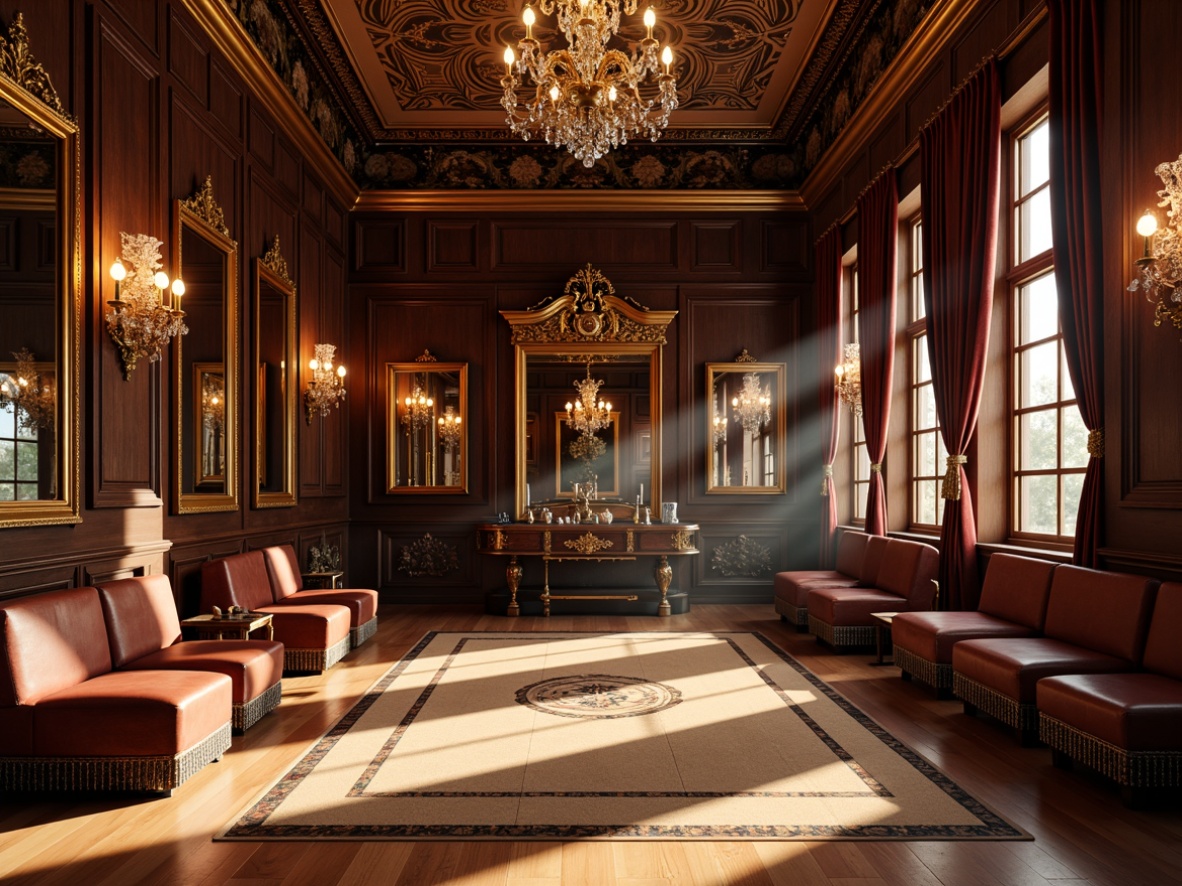 Prompt: Opulent gym interior, rich wood tones, gilded accents, ornate mirrors, velvet drapes, crystal chandeliers, luxurious leather benches, intricate carvings, curved lines, soft warm lighting, dramatic shadows, 3/4 composition, ornamental patterns, lavish textiles, regal atmosphere, French-inspired elegance.