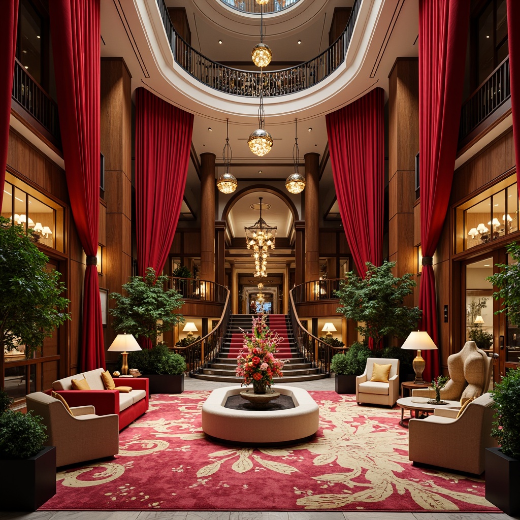 Prompt: Vibrant hotel lobby, rich velvet drapes, luxurious marble floors, ornate wooden paneling, bold patterned rugs, plush furnishings, metallic accents, eclectic art pieces, dramatic lighting fixtures, opulent chandeliers, lavish flower arrangements, sumptuous fabrics, intricate moldings, ornamental details, grand staircases, sweeping curves, expressive forms, abstract sculptures, warm atmospheric lighting, cinematic compositions, shallow depth of field, 1/2 composition.