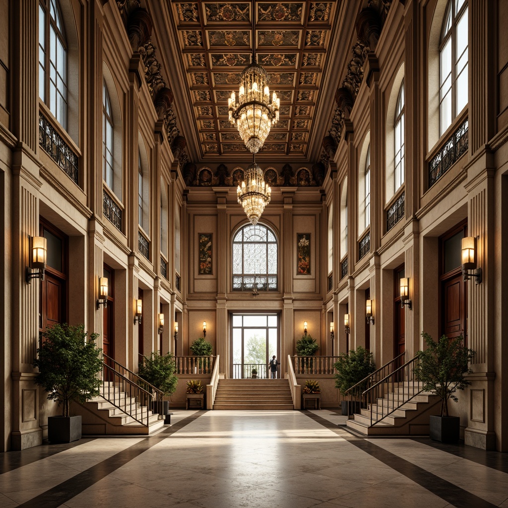 Prompt: Intricate building facades, ornate columns, grand entrances, symmetrical compositions, rich textures, luxurious materials, metallic accents, polished marble floors, elegant staircases, sophisticated chandeliers, vaulted ceilings, stained glass windows, rustic wooden doors, ambient natural light, warm neutral color palette, shallow depth of field, 1/2 composition, realistic renderings, detailed architectural models.