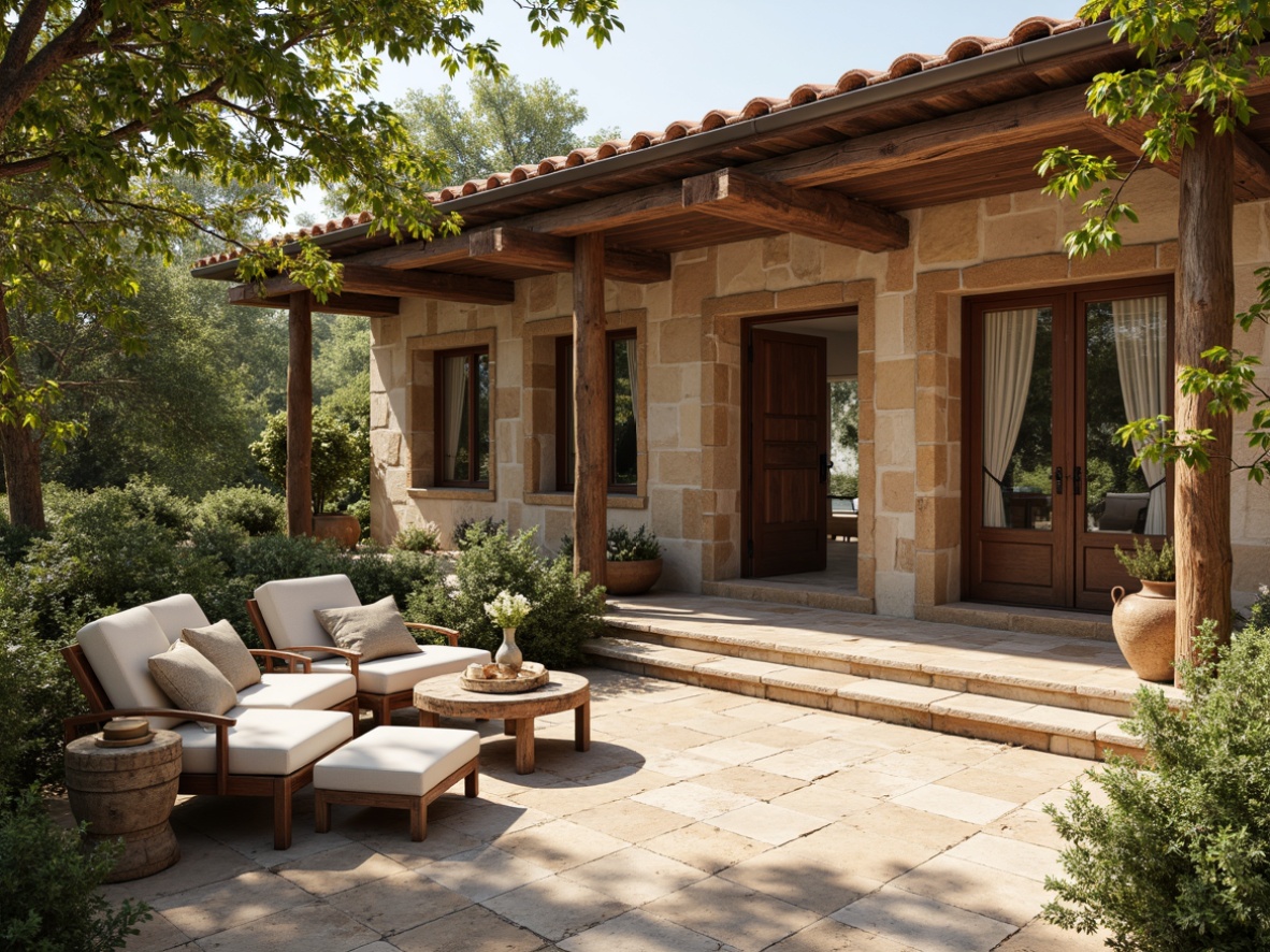 Prompt: Rustic villa exterior, natural stone walls, wooden accents, earthy tones, lush greenery, overhanging eaves, terracotta roof tiles, grand entrance doors, ornate metalwork, distressed wood furniture, vintage decor pieces, warm beige color palette, soft afternoon lighting, shallow depth of field, 1/1 composition, realistic textures, ambient occlusion.