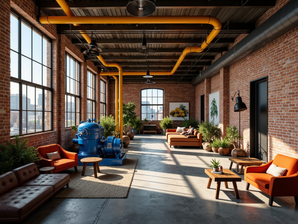 Prompt: Industrial warehouse, exposed brick walls, metal beams, concrete floors, urban cityscape, bright color accents, vibrant yellow pipes, bold blue machinery, warm orange lighting, eclectic art pieces, reclaimed wood furniture, industrial chic decor, edgy modern vibe, dramatic shadows, high contrast ratio, 1/1 composition, sharp focus, realistic textures.