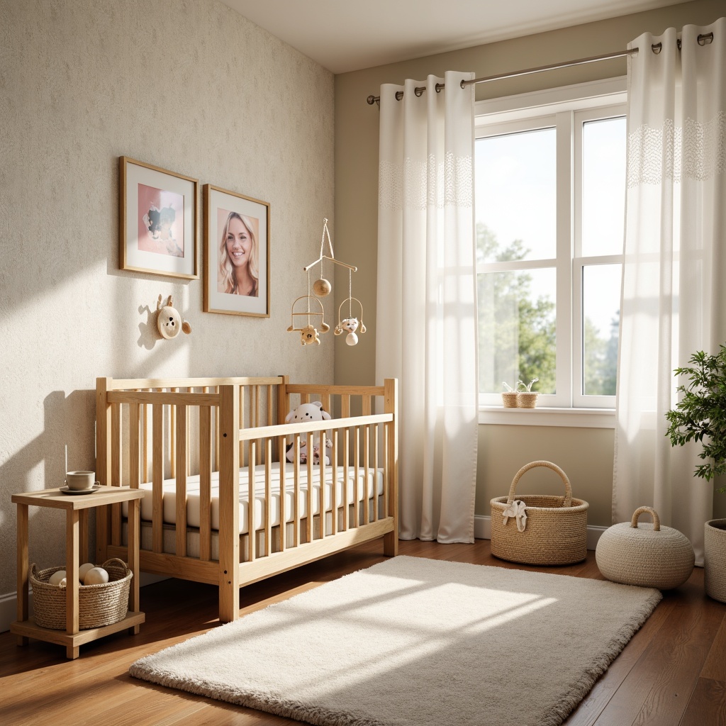 Prompt: Whimsical baby room, soft pastel colors, textured wallpaper, plush area rug, wooden crib, white lace curtains, delicate mobiles, stuffed animal toys, natural wood furniture, woven basket storage, gentle morning light, warm beige walls, creamy whites, subtle sheen finishes, 1/1 composition, intimate close-up shots, realistic fabric textures, ambient occlusion.