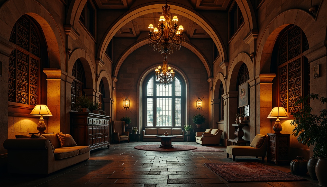 Prompt: Dramatic archways, mystical ambiance, dimly lit corridors, medieval-inspired stone walls, ornate ironwork, mysterious alcoves, grand chandeliers, lavish furnishings, rich velvet drapes, intricate stonework, dark romantic colors, eerie shadows, warm golden lighting, 1/1 composition, atmospheric rendering, detailed textures, cinematic mood.