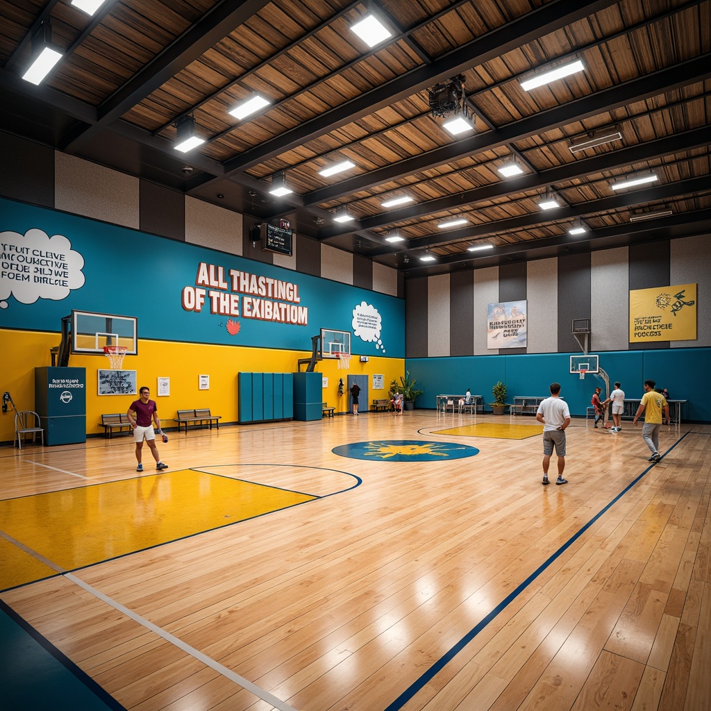 Prompt: Vibrant sports hall, wooden flooring, polished basketball courts, athletic equipment, inspirational quotes, motivational posters, modern LED lighting, suspended ceilings, acoustic panels, sound-absorbing materials, durable paint finishes, scratch-resistant walls, textured surfaces, bold color schemes, energetic ambiance, dynamic compositions, shallow depth of field, 1/1 perspective, realistic textures, ambient occlusion.