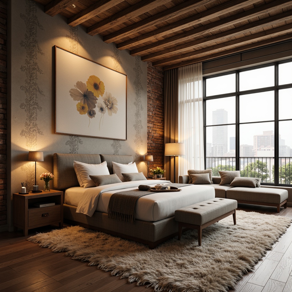 Prompt: Cozy bedroom ambiance, textured walls with raised patterns, soft warm lighting, plush area rugs, minimalist furniture, modern bed frames, upholstered headboards, calming color schemes, soothing natural materials, reclaimed wood accents, industrial chic decor, exposed brick walls, rustic stone features, abstract artwork, floor-to-ceiling windows, sheer curtains, delicate lace details, romantic ambiance, 1/1 composition, shallow depth of field, warm golden lighting.