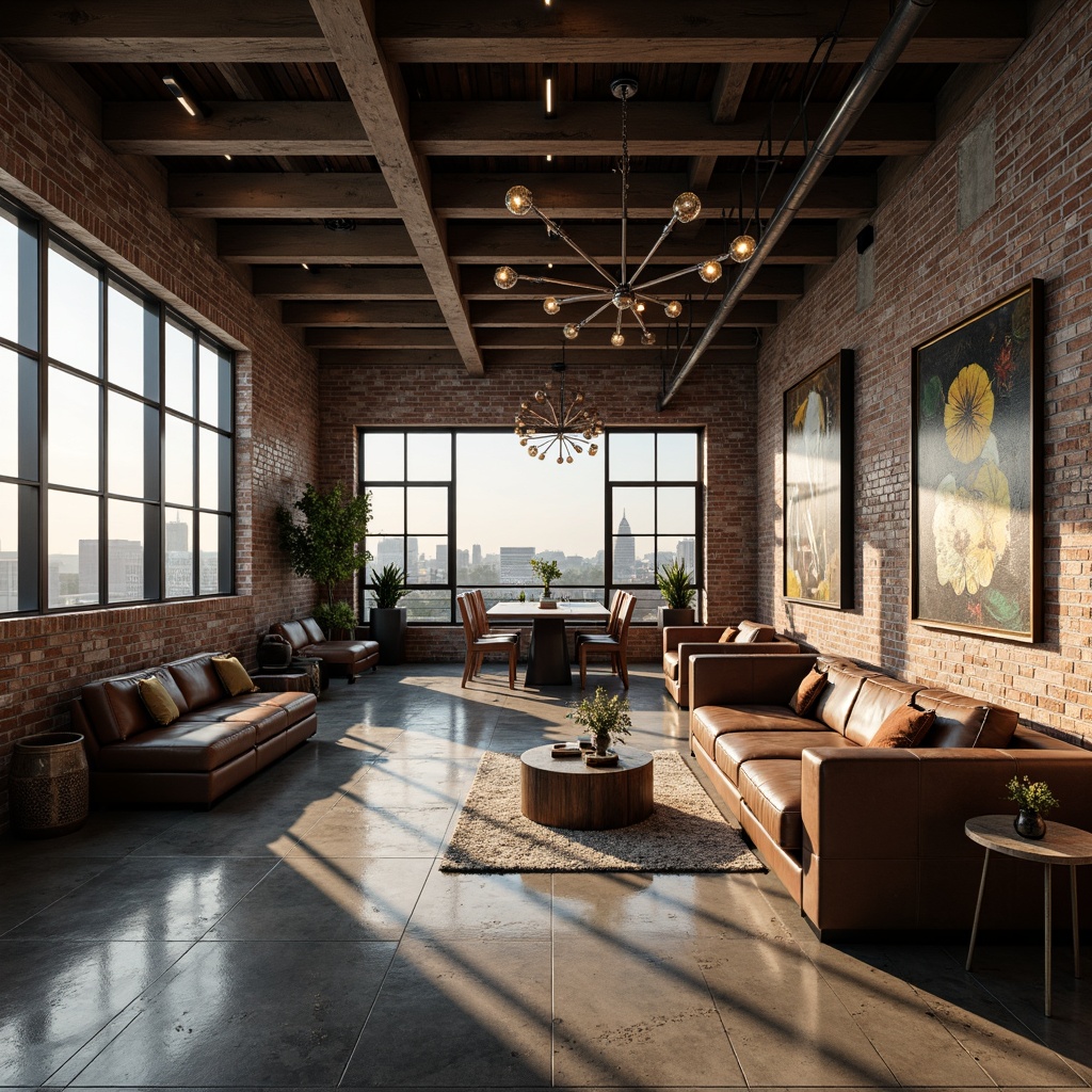 Prompt: Luxurious penthouse interior, industrial chic aesthetic, exposed brick walls, polished concrete floors, metal beams, reclaimed wood accents, Edison bulb lighting, sleek minimalistic decor, urban loft atmosphere, floor-to-ceiling windows, cityscape views, natural light pouring in, dramatic shadows, rich leather furnishings, metallic tone color palette, abstract artwork, geometric patterns, industrial-style furniture, distressed finishes, ornate chandeliers, sophisticated ambiance, cinematic lighting, 1/2 composition, atmospheric rendering.