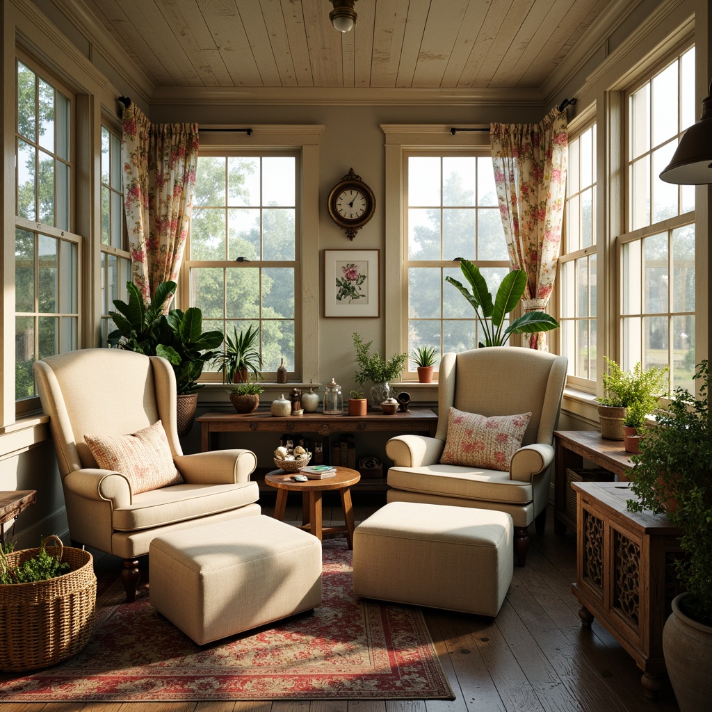 Prompt: Vintage sunroom, distressed wood accents, soft pastel hues, floral patterned fabrics, lace curtains, ornate metal frames, plush oversized armchairs, velvet ottomans, antique wooden benches, woven wicker baskets, natural fiber rugs, potted plants, botanical prints, warm golden lighting, cozy reading nooks, 3/4 composition, intimate atmosphere, rustic-chic decor.