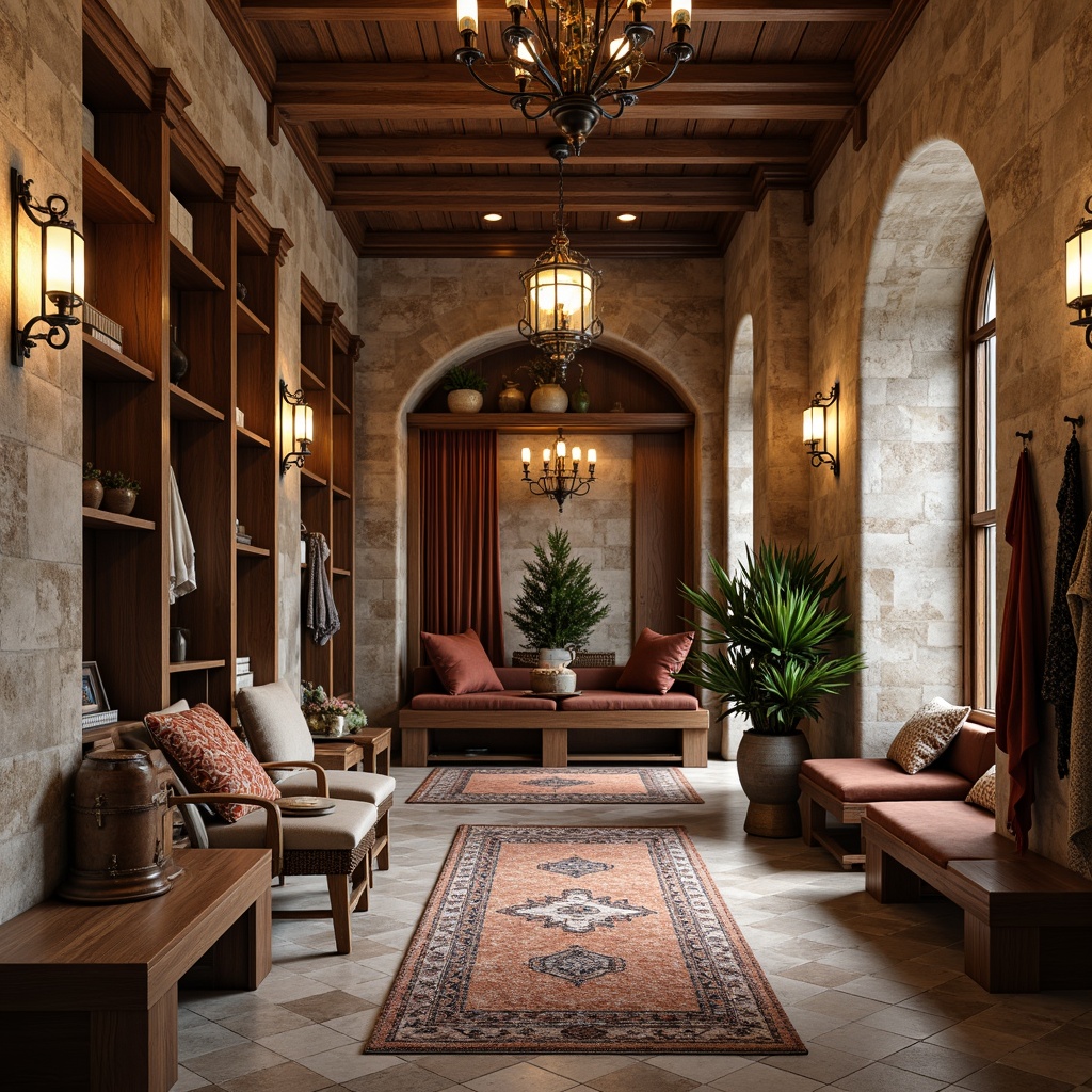 Prompt: Rustic mudroom, renaissance-inspired arches, ornate wooden accents, distressed stone walls, warm earthy tones, luxurious velvet fabrics, rich leather textures, elegant metal hardware, vintage-inspired lanterns, grand chandeliers, decorative ceramic tiles, intricate mosaic patterns, plush area rugs, comfortable bench seating, functional storage cubbies, soft warm lighting, shallow depth of field, 1/2 composition, realistic textures, ambient occlusion.