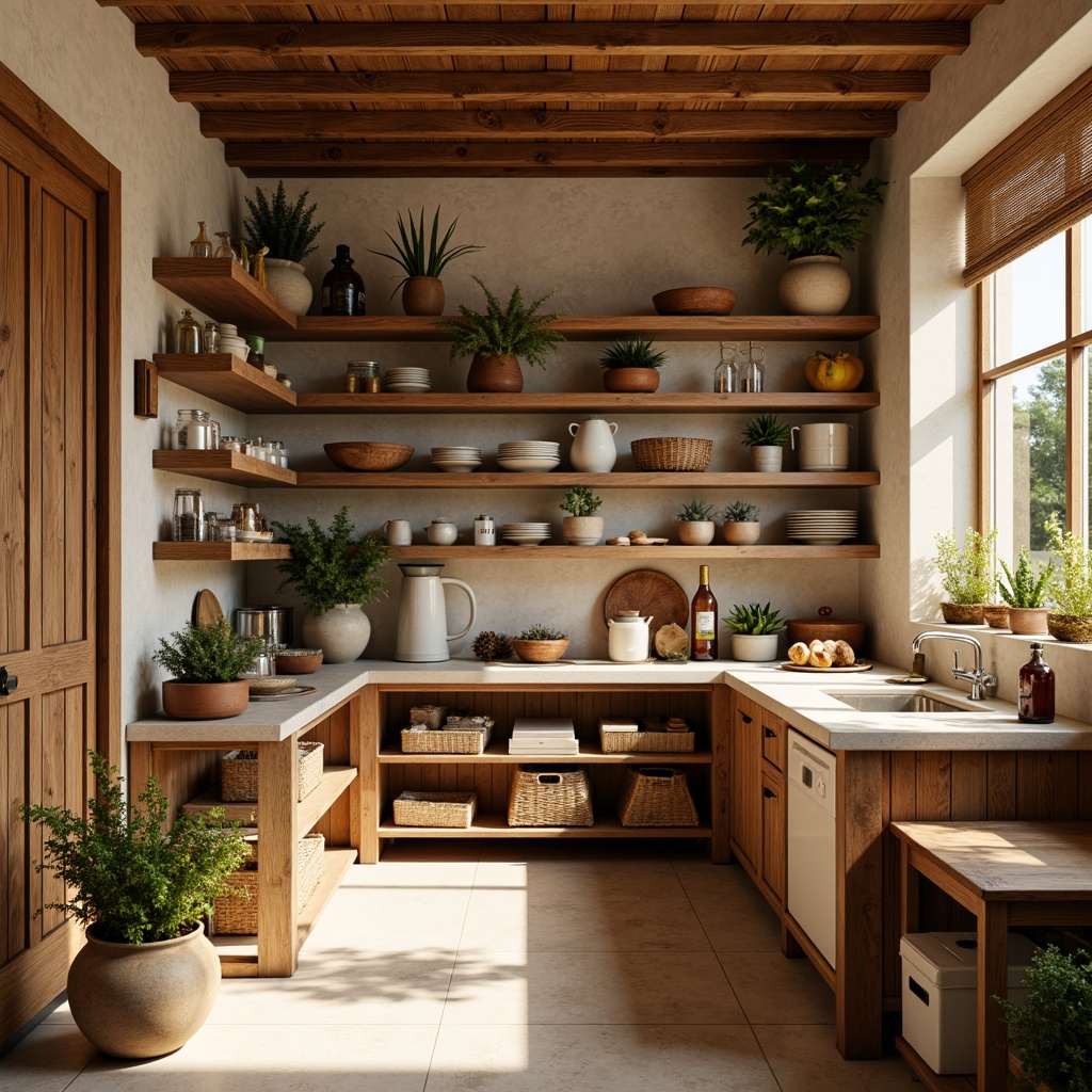 Prompt: Cozy pantry, warm beige tones, rich wood accents, soft golden lighting, earthy terracotta pots, fresh greenery, natural stone countertops, rustic metal shelving, woven baskets, vintage ceramic jars, creamy whites, warm grays, inviting aromas, soft shadows, 1/1 composition, shallow depth of field, realistic textures.