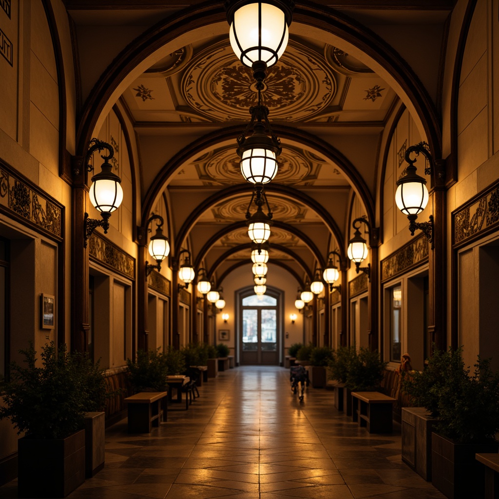 Prompt: Ornate metro station, traditional architectural style, grand chandeliers, vintage pendant lights, ornamental sconces, classic lanterns, warm golden lighting, high ceilings, marble floors, intricate moldings, decorative railings, historic ambiance, dimly lit corridors, soft warm glow, shallow depth of field, 1/2 composition, realistic textures, ambient occlusion.