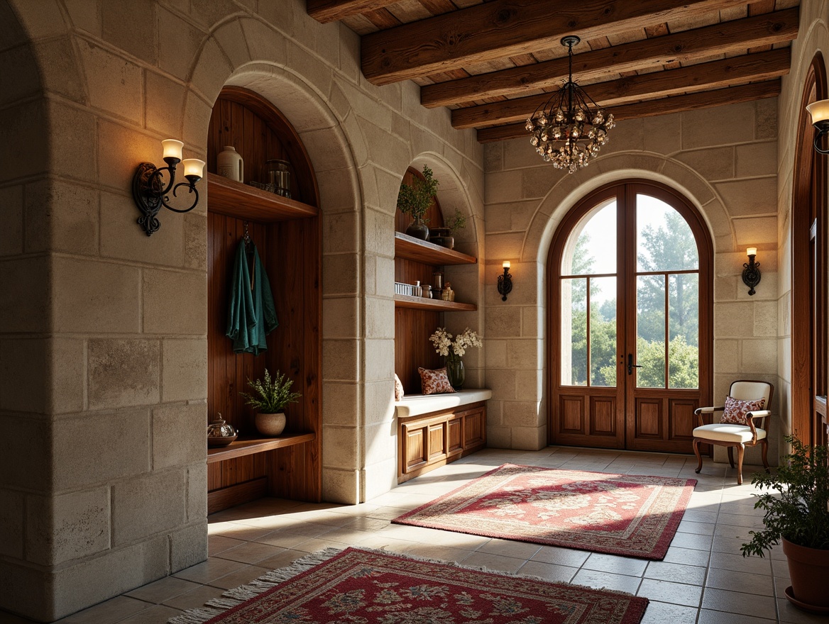 Prompt: Rustic mudroom, Renaissance-inspired archways, ornate wooden cabinetry, distressed stone flooring, rich wood accents, vintage metal hardware, warm earthy tones, soft natural lighting, shallow depth of field, 3/4 composition, cozy seating nooks, plush velvet textiles, antique furnishings, grand chandeliers, dramatic ceiling heights, regal patterned rugs, classic architectural columns, elegant wall sconces, sophisticated color palette.