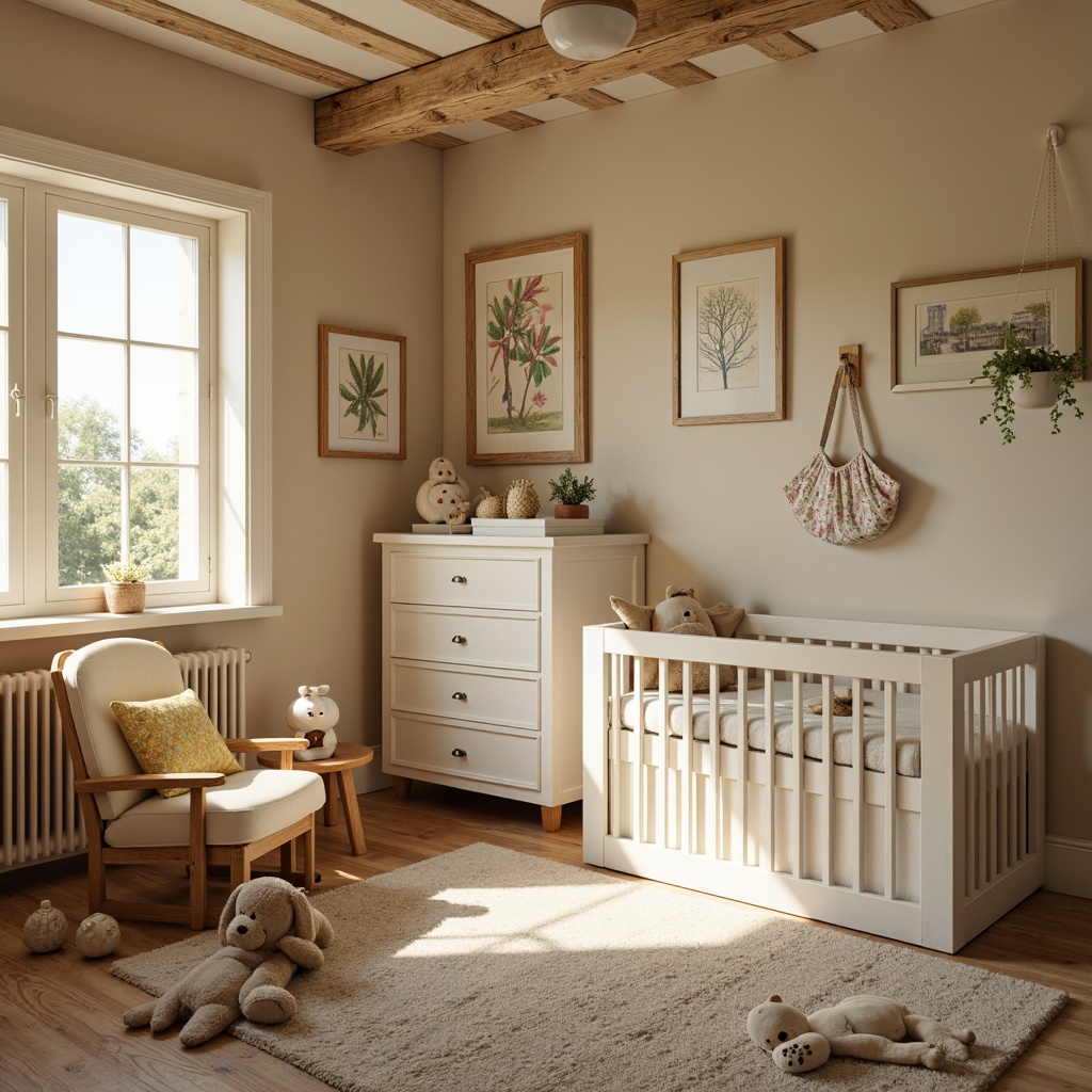 Prompt: Whimsical baby room, rustic vernacular style, soft pastel colors, warm beige walls, natural wood accents, vintage distressed finishes, floral patterned wallpaper, creamy white furniture, plush toys, cozy textiles, gentle lighting, warm afternoon sunbeams, shallow depth of field, 1/2 composition, intimate atmosphere, realistic fabrics, subtle shading.