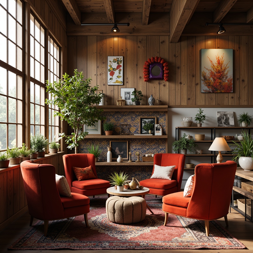 Prompt: Vintage armchairs, bold velvet upholstery, distressed wooden tables, industrial metal lamps, colorful Moroccan tiles, eclectic patterned rugs, plush ottomans, reclaimed wood shelving, abstract artwork, bohemian-inspired decor, natural fiber textiles, earthy tone palette, warm golden lighting, shallow depth of field, 1/1 composition, realistic textures, ambient occlusion.