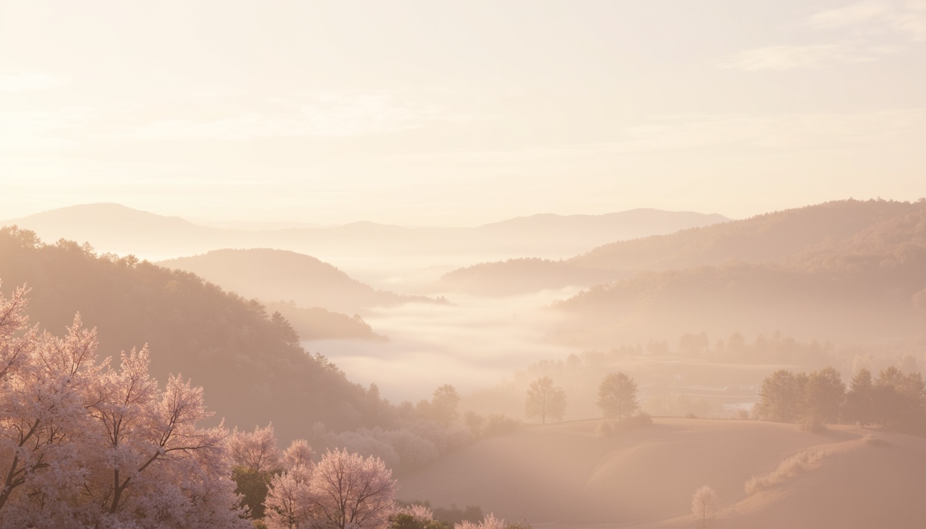 Prompt: Soft pastel hues, calming atmosphere, serene landscape, gentle rolling hills, misty morning fog, delicate cherry blossoms, pale peach tones, creamy whites, warm beige accents, natural textures, earthy undertones, soothing color harmony, analogous color scheme, monochromatic gradations, subtle contrast, elegant typography, minimalist design elements, peaceful ambiance, soft focus photography, shallow depth of field, 1/1 composition.