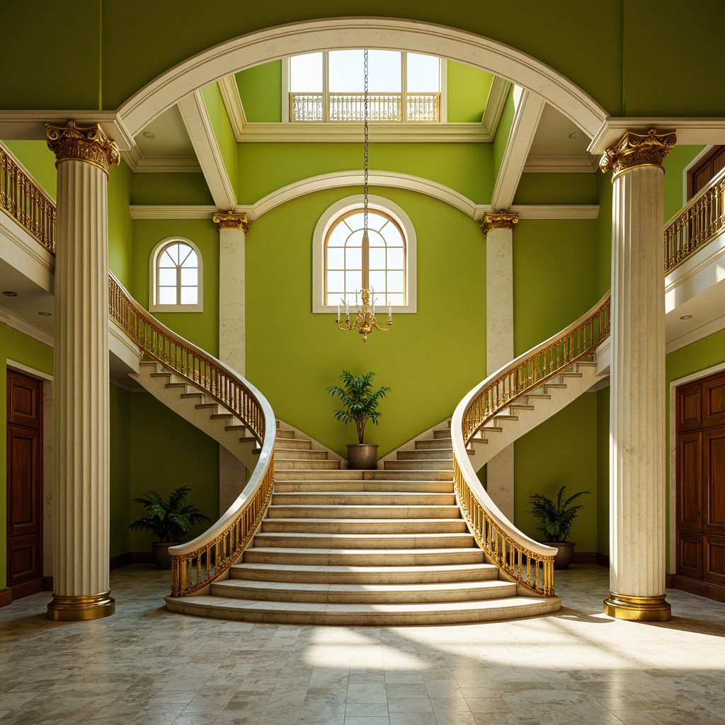 Prompt: Grand staircase, lime-green walls, ornate gold banisters, classicism-inspired architectural details, marble floors, stately columns, sweeping curves, elegant archways, refined decorative trim, subtle cream accents, rich wood paneling, soft warm lighting, atmospheric shadows, shallow depth of field, 1/2 composition, symmetrical framing, realistic textures, ambient occlusion.