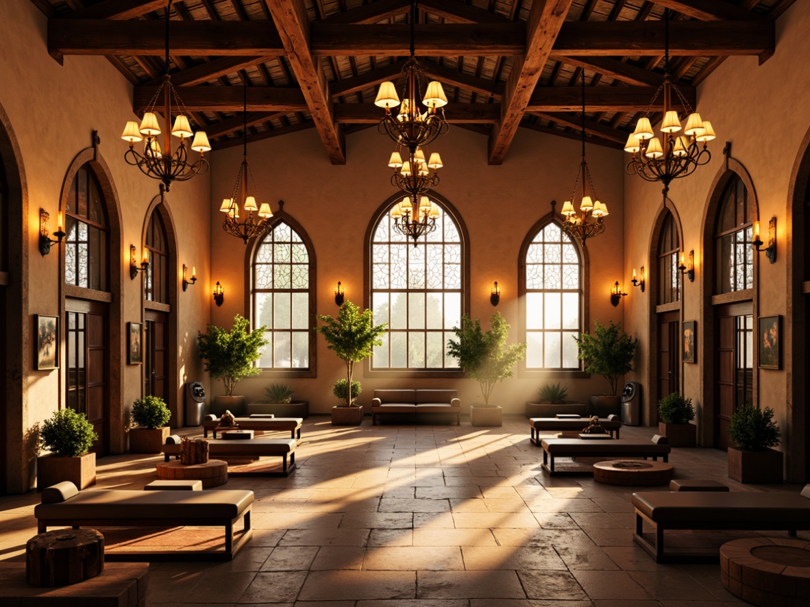 Prompt: Renaissance-themed fitness club, ornate chandeliers, warm golden lighting, rustic wooden beams, stone walls, medieval-inspired architecture, grand high ceilings, large stained glass windows, soft warm glow, atmospheric mist, 3/4 composition, low-angle shot, realistic textures, ambient occlusion, dynamic shadows, vibrant color palette, intricate patterns, luxurious furnishings, ornate mirrors, elegant metalwork, rich fabrics, regal atmosphere.