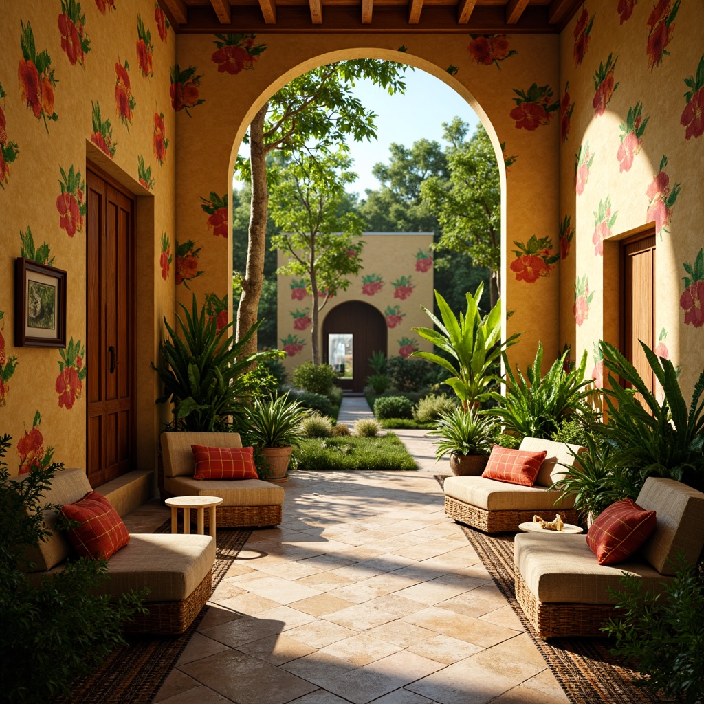 Prompt: Vibrant tropical hall, lush greenery, exotic floral patterns, warm beige walls, rich wood accents, natural stone flooring, colorful ceramic tiles, rattan furniture, woven textiles, bright coral hues, sunny yellow tones, soft mint greens, calming turquoise blues, warm golden lighting, shallow depth of field, 3/4 composition, panoramic view, realistic textures, ambient occlusion.