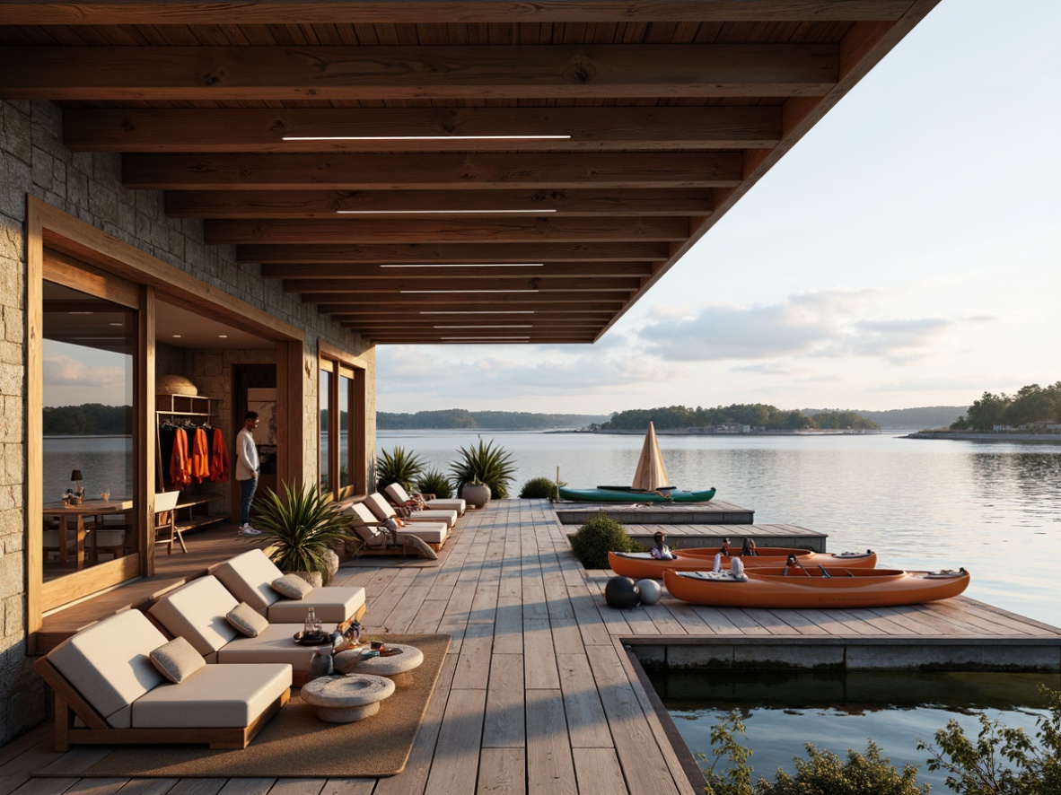 Prompt: Waterfront boathouse, open deck spaces, wooden docks, sailboats, kayaks, paddles, life jackets, nautical ropes, rustic wooden accents, natural stone foundations, glass sliding doors, minimalist interior design, modern lighting fixtures, polished wood floors, cozy seating areas, lake or ocean views, serene atmosphere, soft warm lighting, shallow depth of field, 3/4 composition, panoramic view, realistic textures, ambient occlusion.