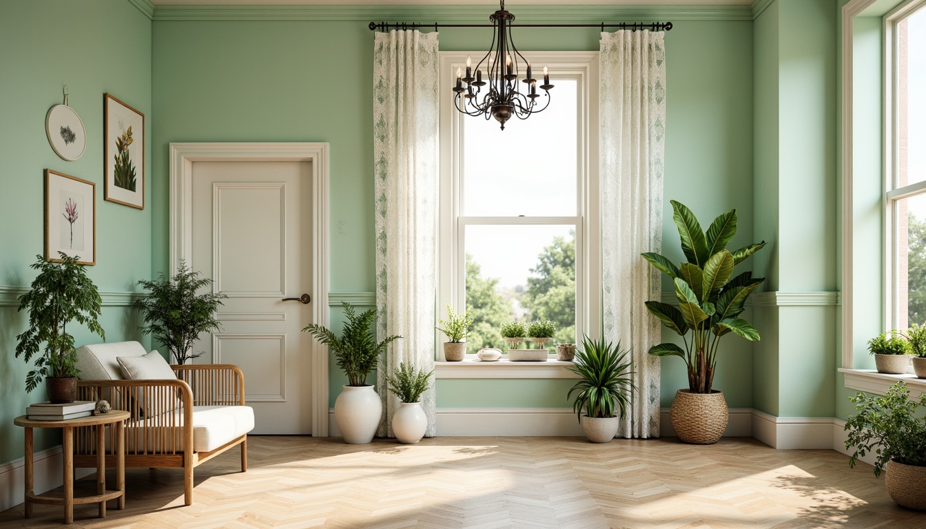 Prompt: Soft mint walls, creamy white trim, warm beige floors, natural wood accents, lush greenery, vibrant botanicals, delicate lace curtains, elegant chandeliers, subtle texture overlays, gentle gradient transitions, shallow depth of field, 1/1 composition, softbox lighting, ambient occlusion, realistic materials, serene atmosphere.