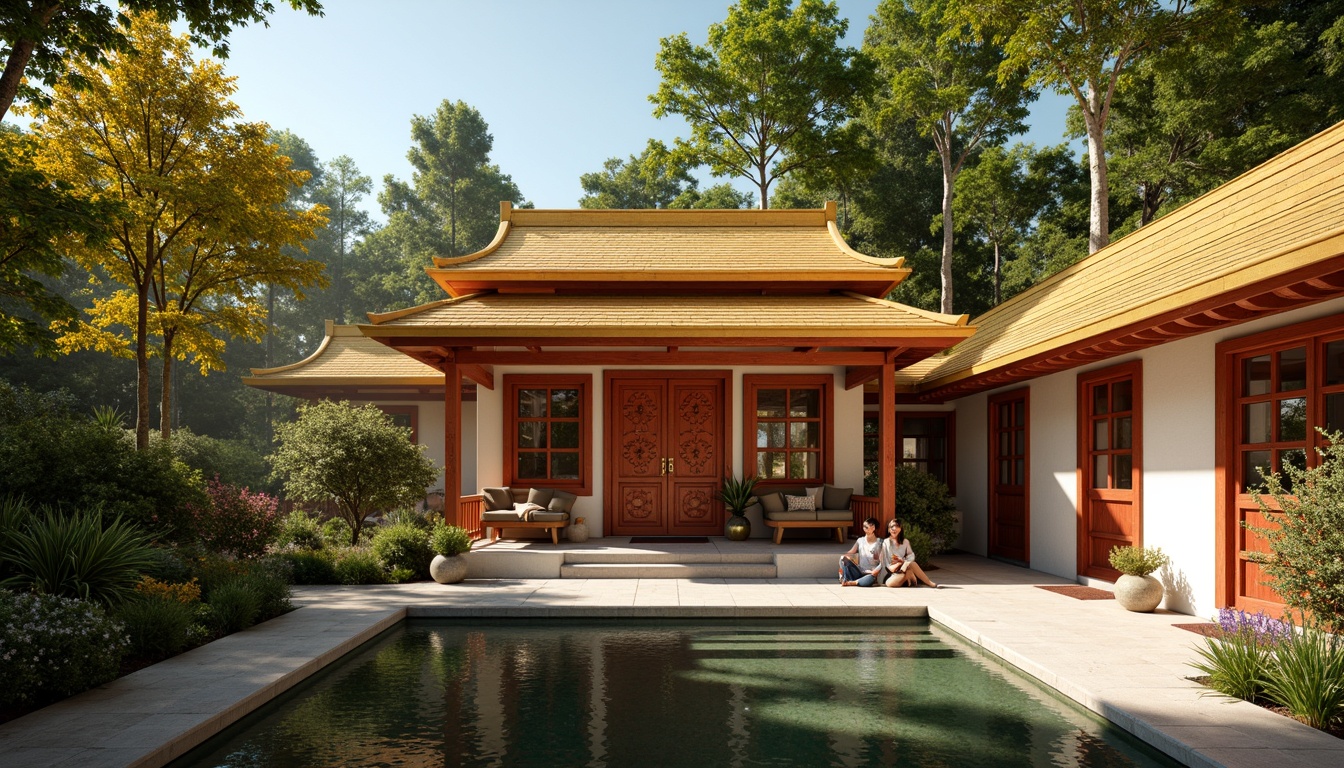 Prompt: Vibrant golden roofs, intricately carved wooden doors, crimson red accents, serene cream-colored walls, ornate bronze fixtures, lush greenery surroundings, tranquil koi ponds, gentle water features, peaceful bamboo forests, warm sunlight filtering, soft warm lighting, shallow depth of field, 3/4 composition, realistic textures, ambient occlusion.