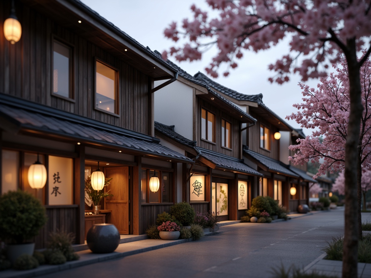 Prompt: Traditional Asian-style roofs, curved eaves, ornate facades, lantern-inspired lighting fixtures, warm soft glow, natural materials, wooden accents, paper lanterns, delicate cherry blossom patterns, subtle color palette, calming ambiance, peaceful atmosphere, gentle warm lighting, shallow depth of field, 1/1 composition, realistic textures, ambient occlusion.